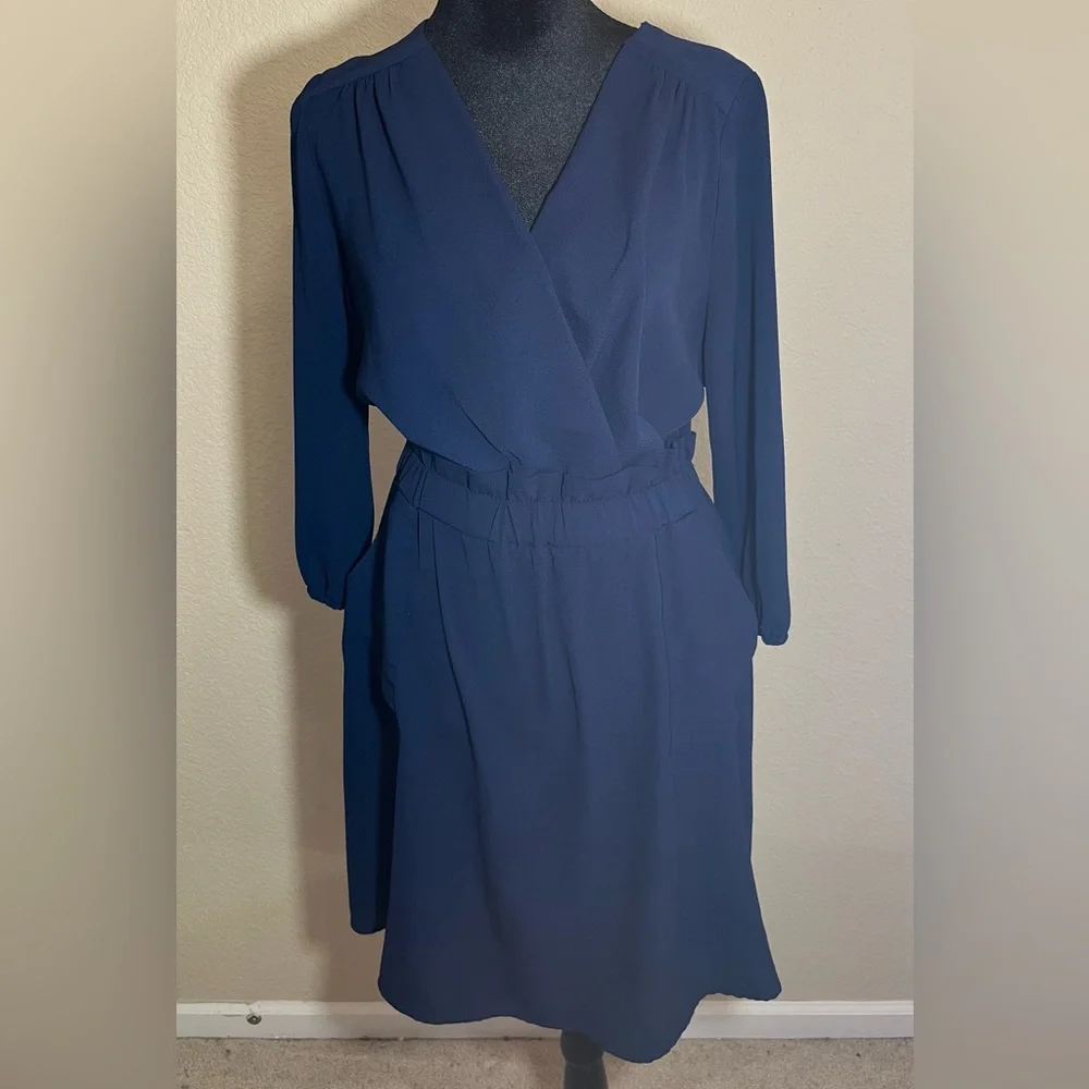 Monteau Los Angeles Women’s Blue V-Neck Long Sleeve Knee Length Dress Size Large - Picture 1 of 10